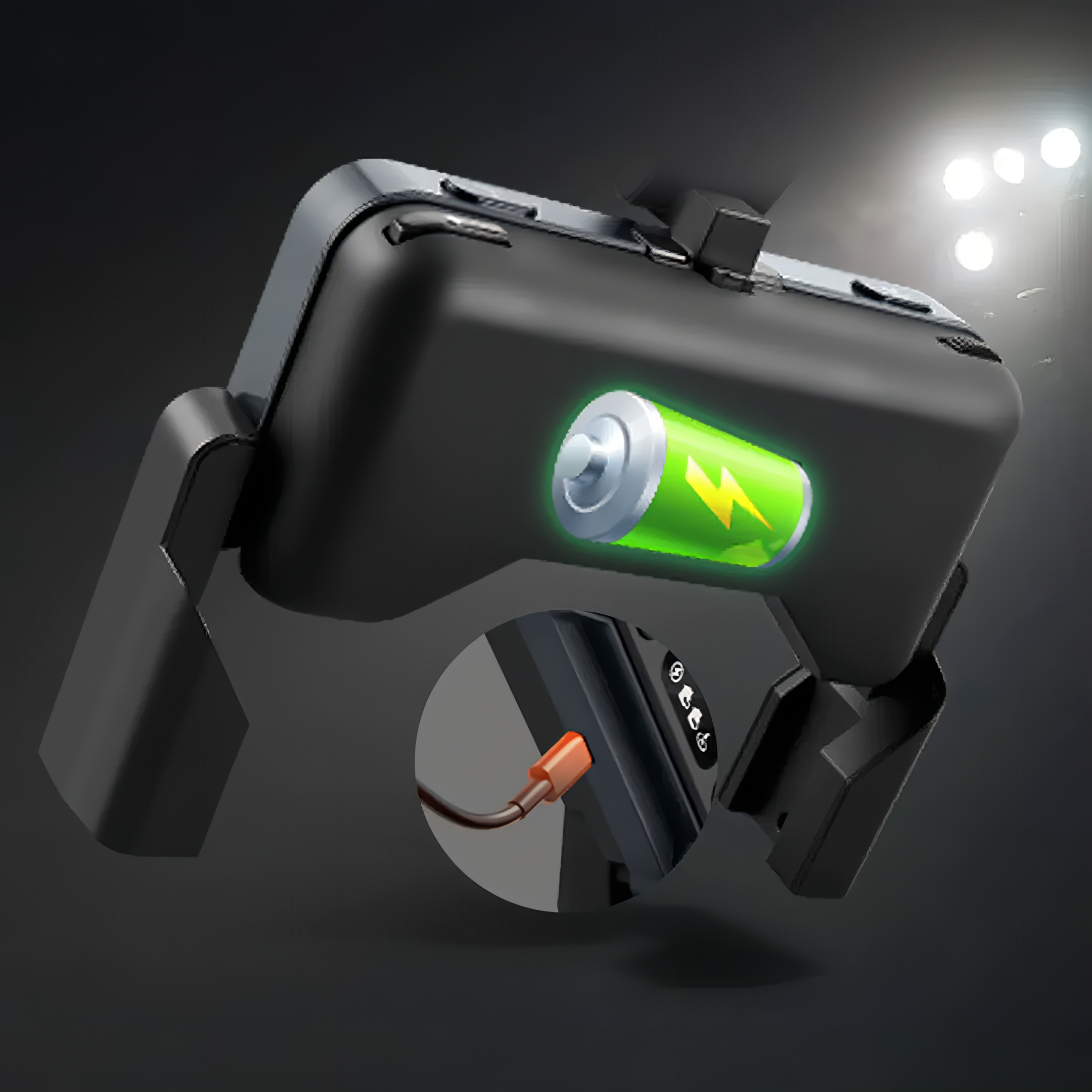 Black electronic control with a green light on a dark background