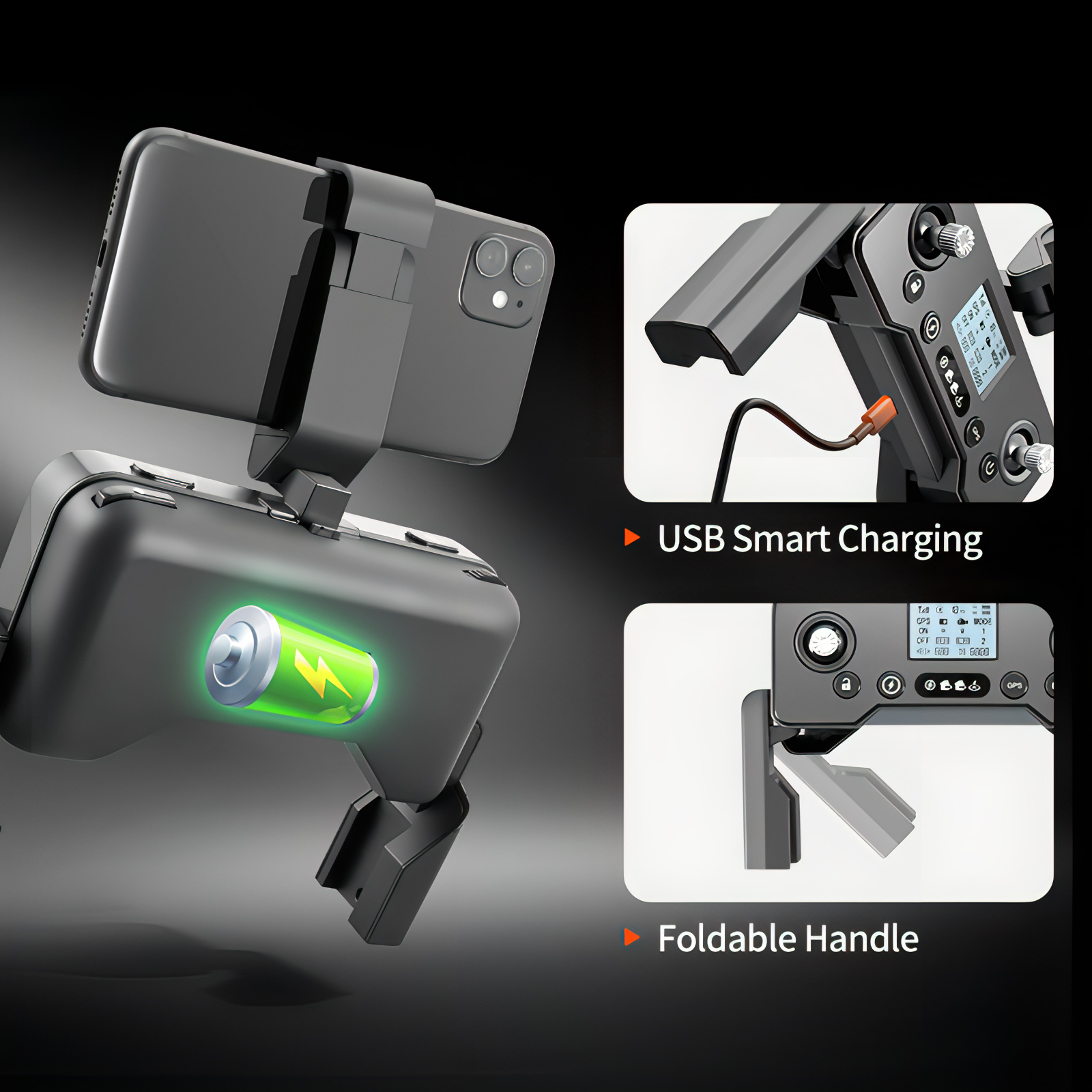 Phone holder with USB smart charging and foldable handle features on a dark background