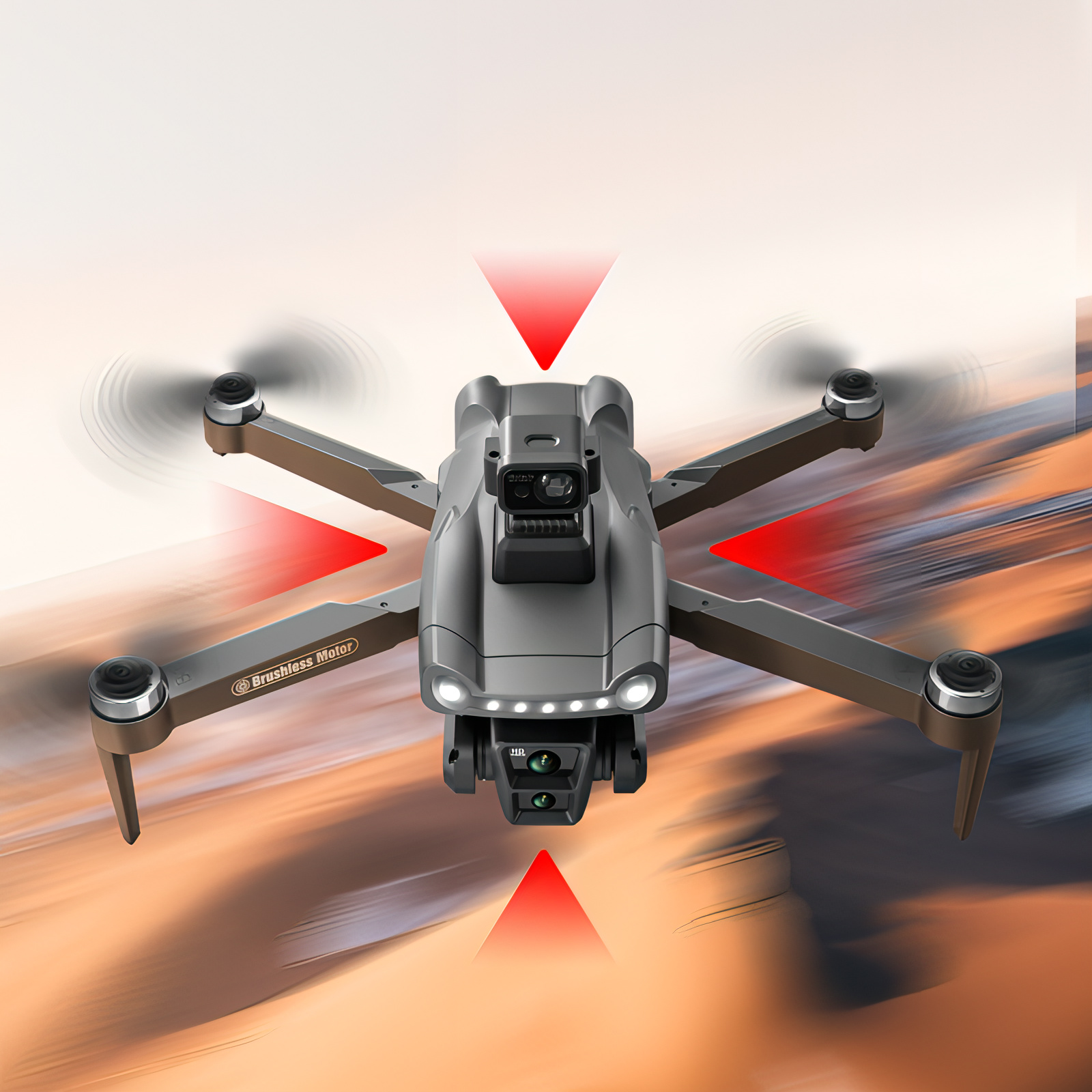 eonvy air+ pro max Drone with camera and red warning triangles on a blurred background