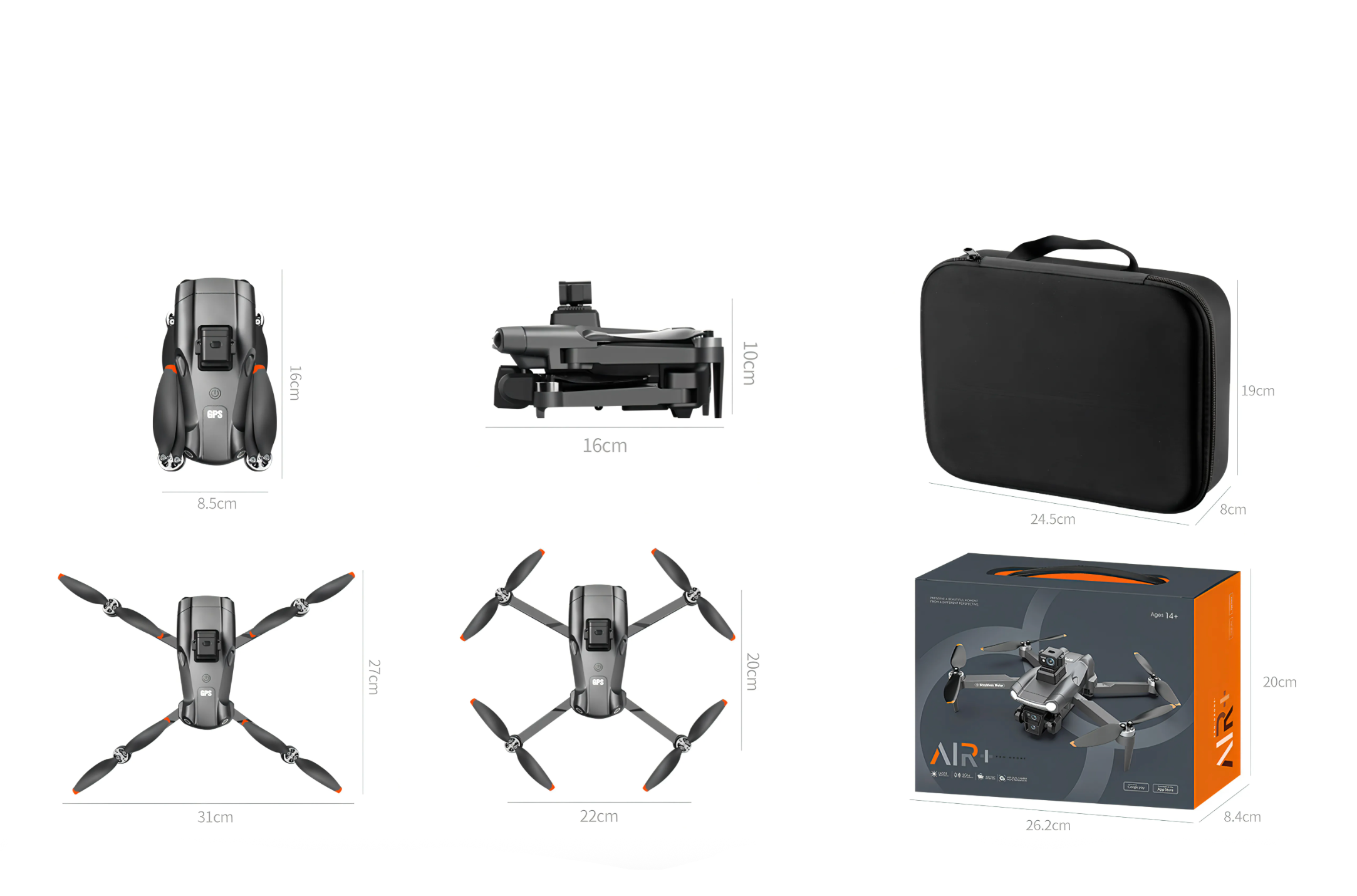 Collection of eonvy air+ pro max drone parts and accessories on a white background