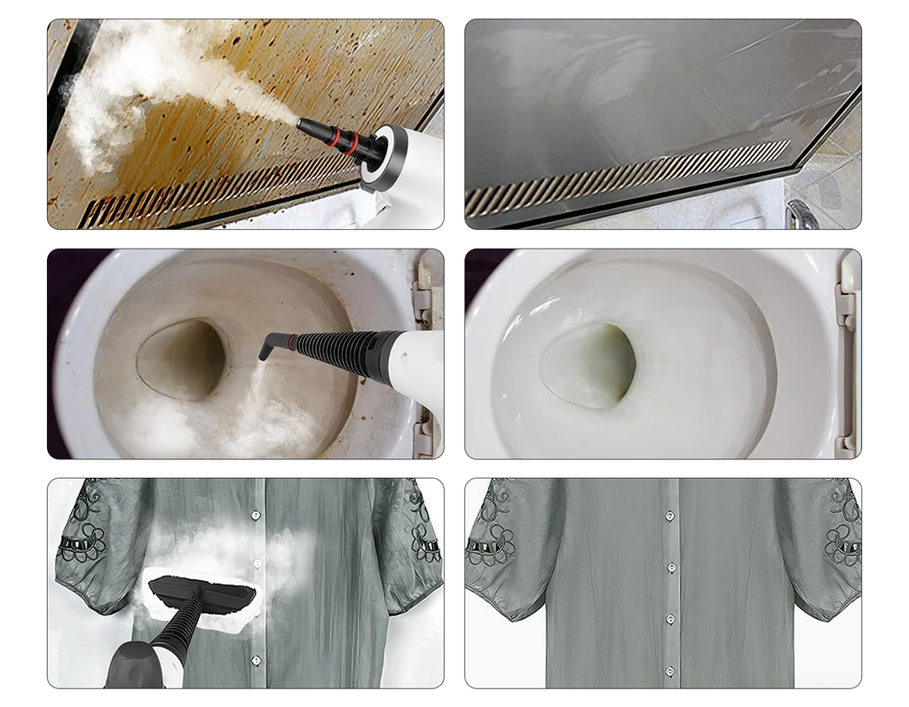 Collage of a Oliventa Handheld Steam Cleaner being used on various surfaces including a drain, shower head, and toilet.