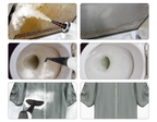 Collage of a Oliventa Handheld Steam Cleaner being used on various surfaces including a drain, shower head, and toilet.