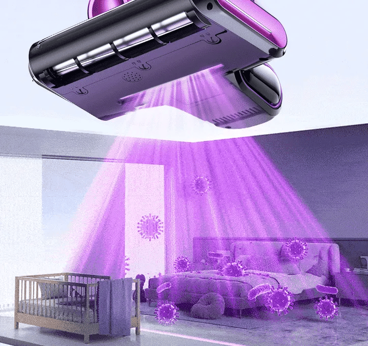 Purple UV light fracix vacuum in a room with purple light projecting and virus graphics.