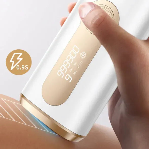 Hand holding a white Nordzens IPL Hair Removal AS20 device with digital display on a light background