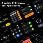 ionos smart watch interface with various applications including calculator, alarm clock, and fitness tracker on a dark background.