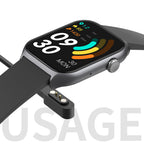 ionos smart watch with a black band on a white background, displaying colorful app icons.