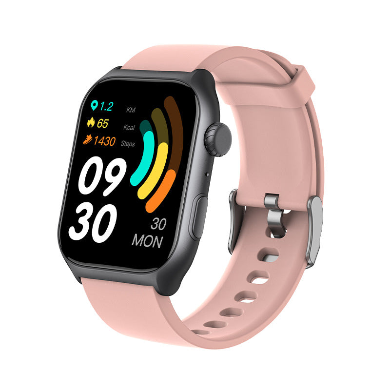 ionos smart watch with a pink band on a white background
