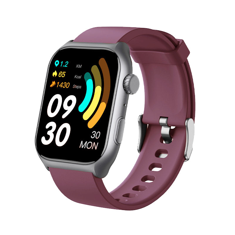 ionos smart watch with a purple band on a white background