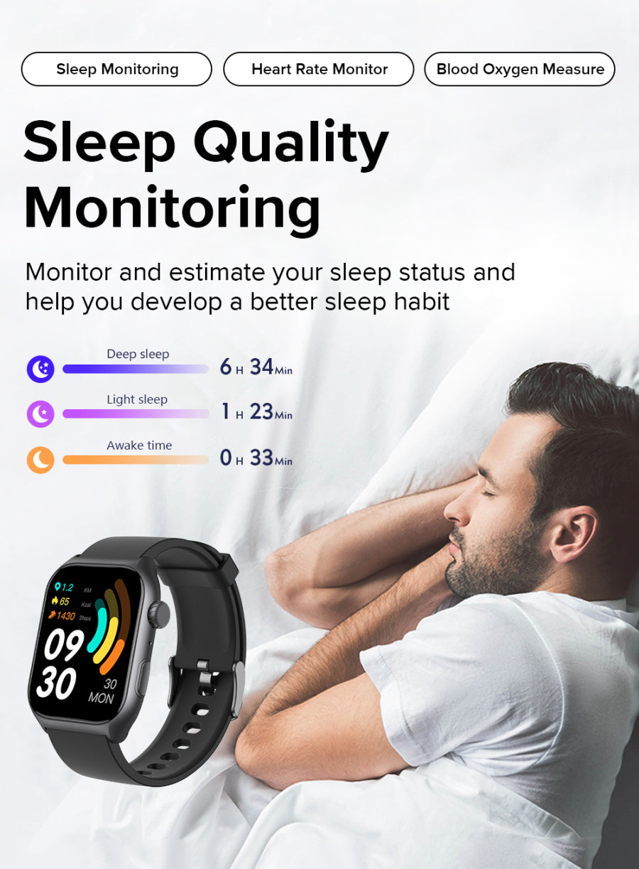 ionos smart watch with sleep quality monitoring features displayed on a screen, showing a man lying in bed.