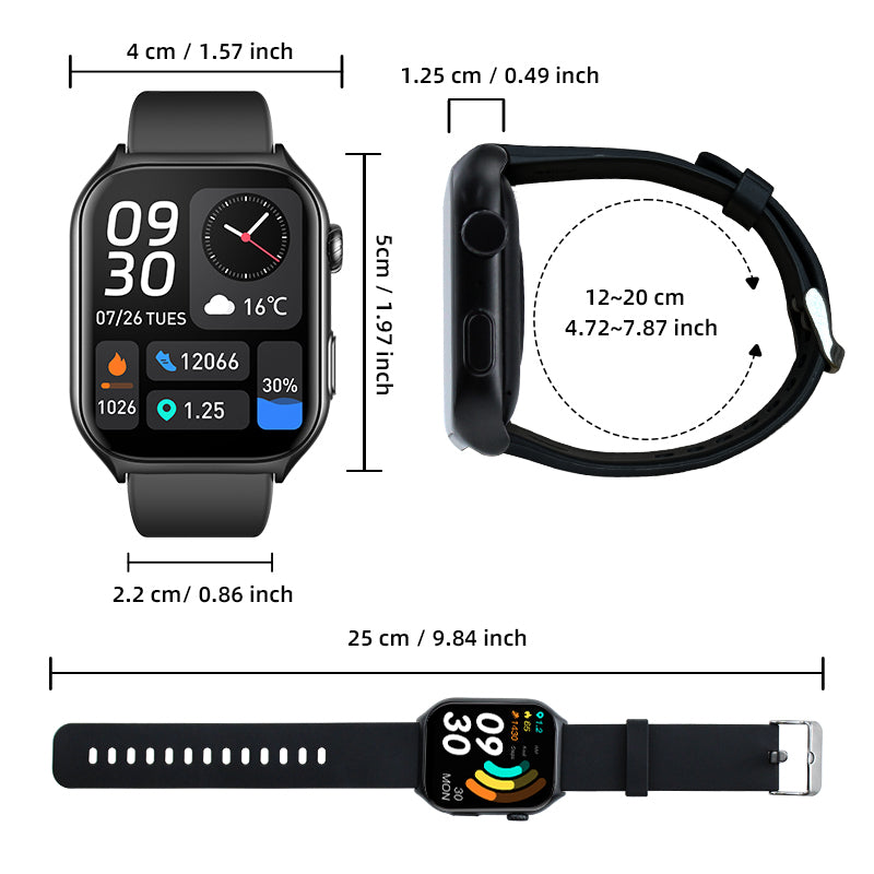 ionos smart watch with detailed measurements on a white background