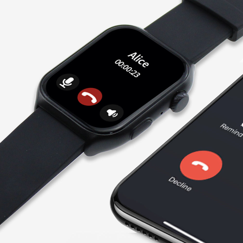 ionos smart watch and smartphone displaying a call interface with 'Alice' on the screen.