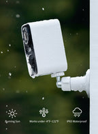 Outdoor Ocanvas Security Camera with snowfall effect on a blurred green background