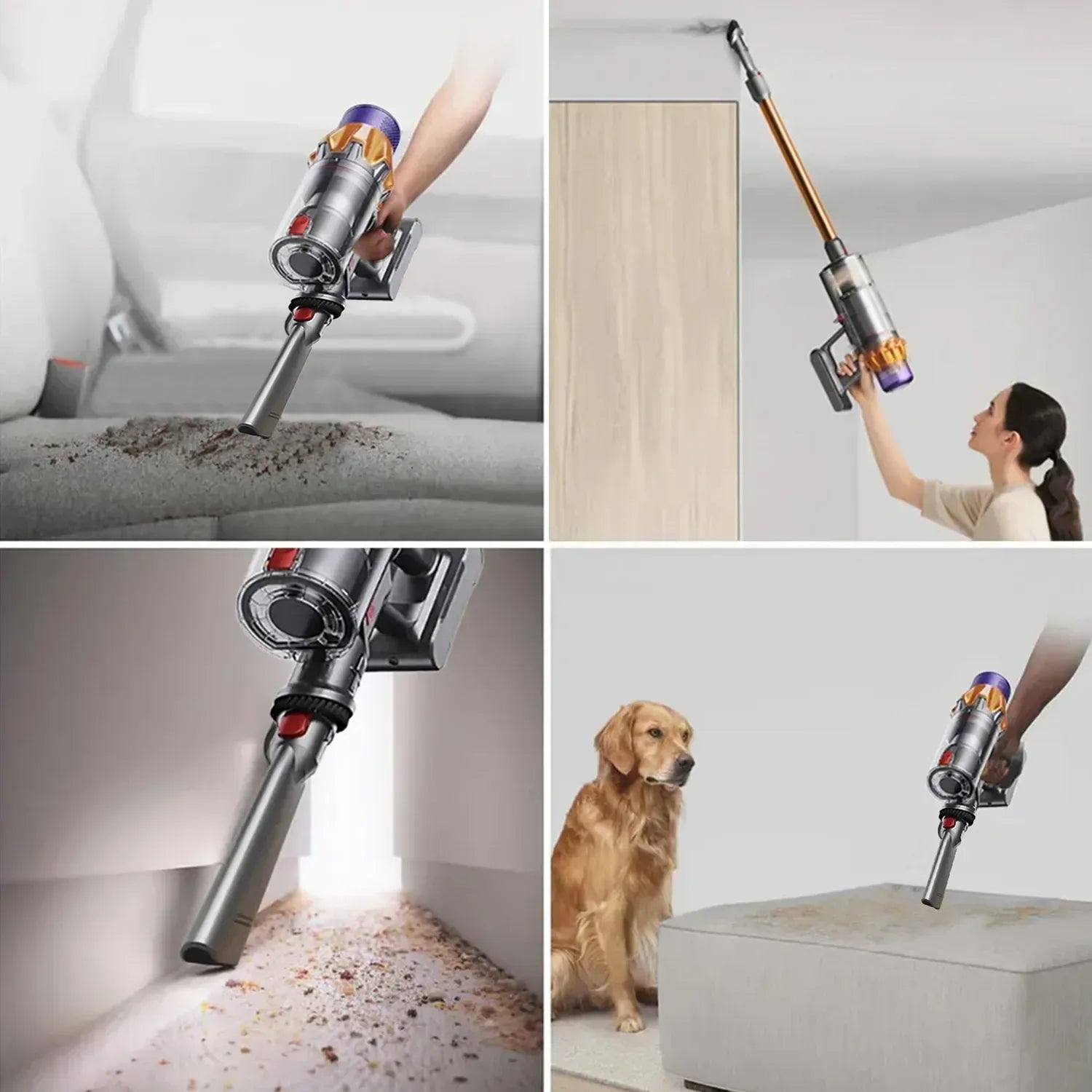Collage of a handheld jomasshop vacuum cleaner being used in various cleaning scenarios.