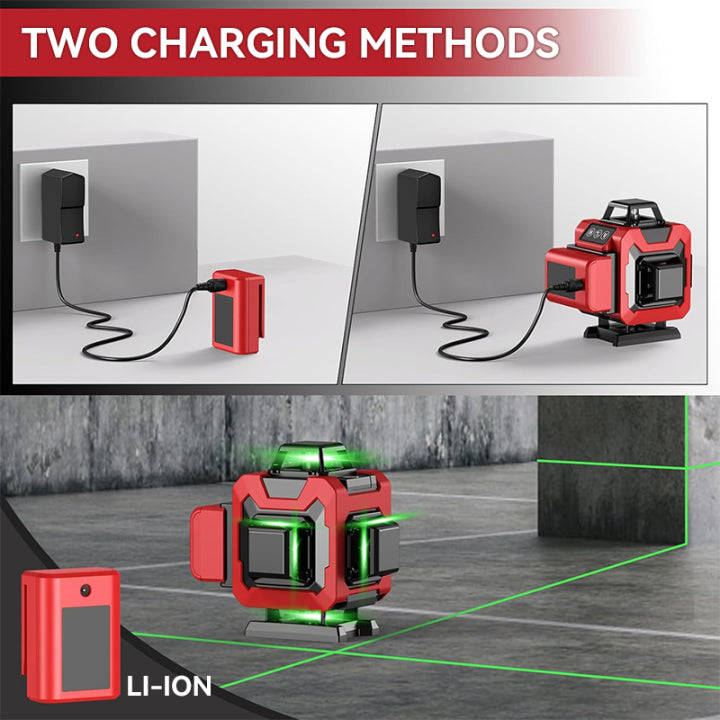 Red kalvori 4D 16 Lines Laser Level with green lines on a concrete floor, showing two charging methods.