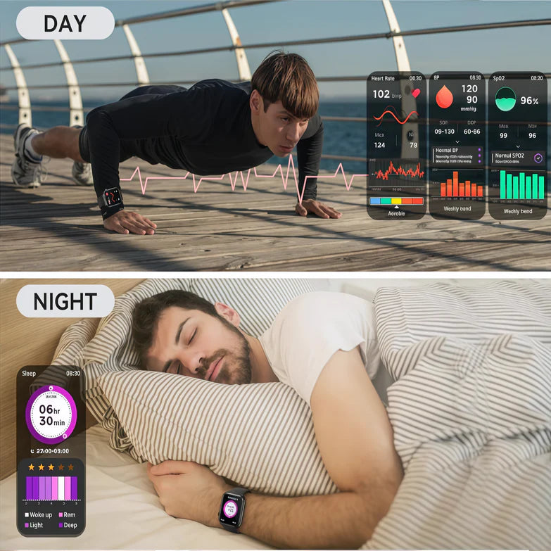 Man exercising outdoors with keronx Smartwatch Salute e Fitness app on phone, then sleeping with fitness tracker on wrist.