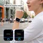 Person using a keronx Smartwatch Salute e Fitness with a city street background, asking 'What's the weather today?'.