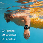 Person swimming underwater wearing a keronx Smartwatch Salute e Fitness with weather icons displayed.
