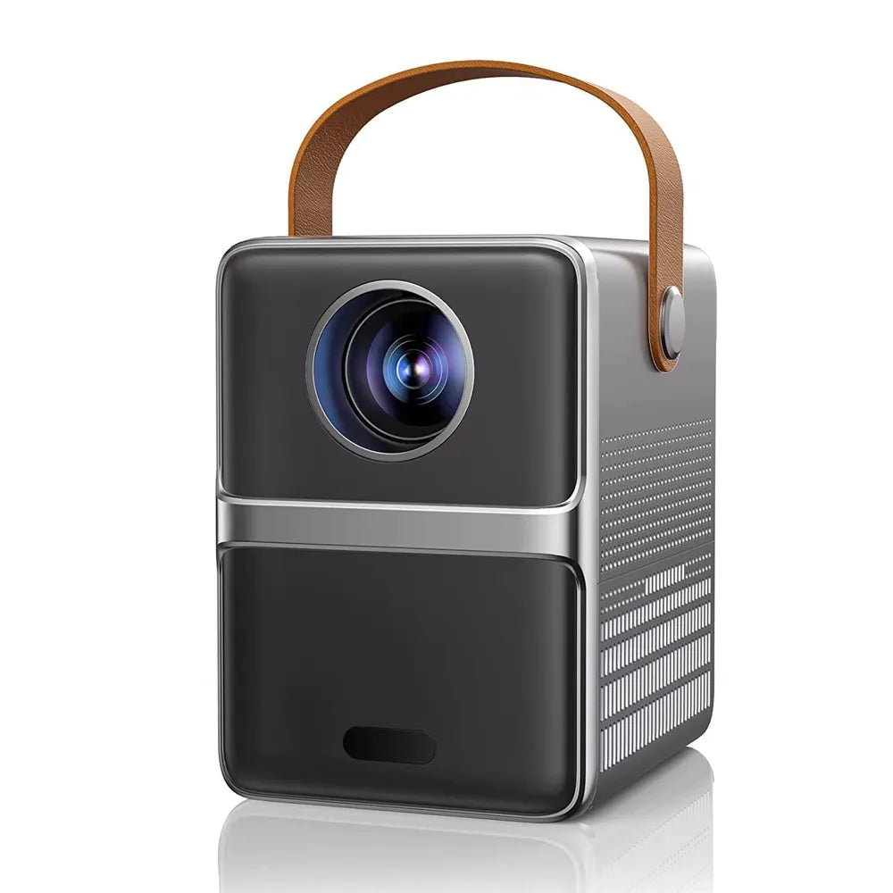 lunorys projector with a brown handle on a white background