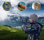 Man in camouflage gear using BixCelix Binoculars with scenic mountain backdrop and inset images of animals at different distances.