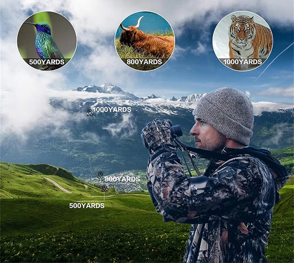 Man in camouflage gear using BixCelix Binoculars with scenic mountain backdrop and inset images of animals at different distances.