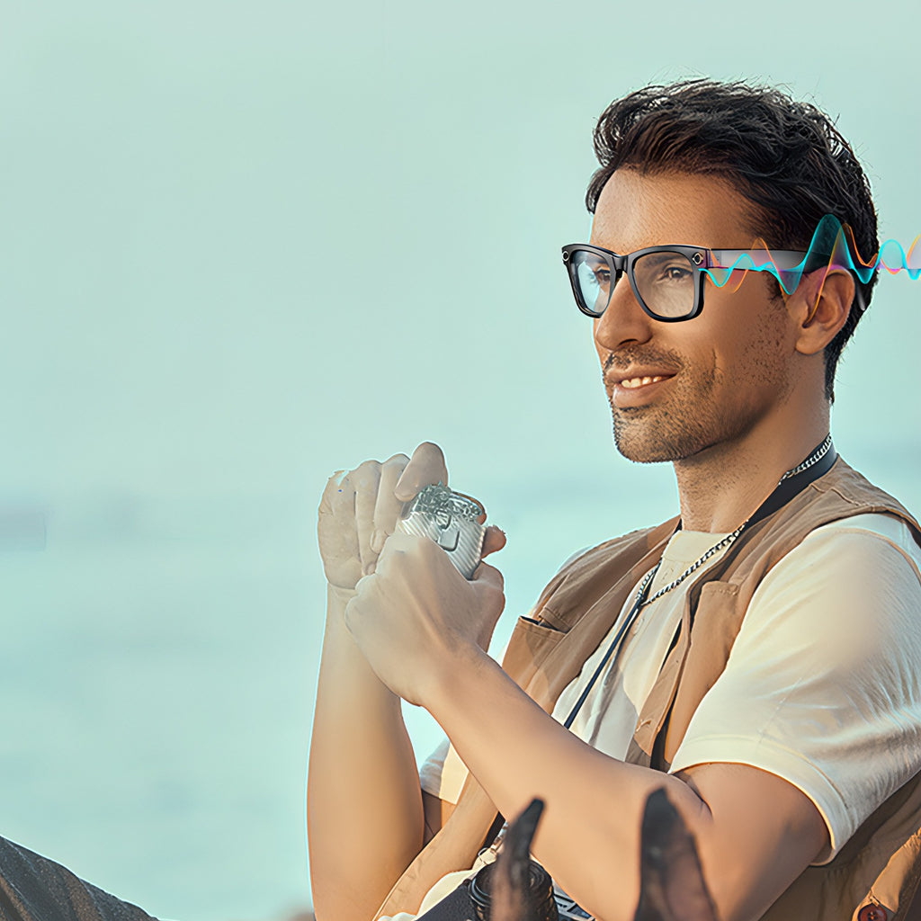 Man wearing a Keovy Smart Glasses
 with a light blue background