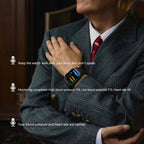 Man wearing a Pilotax Blood Pressure Smartwatch with health monitoring display, sitting indoors.