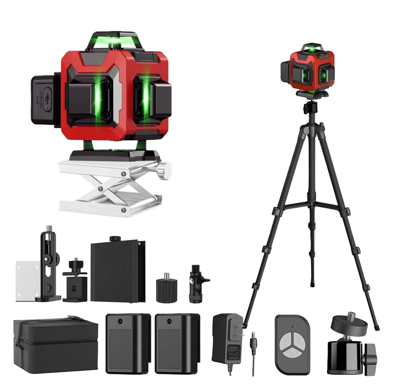 Set of Mektri laser level with accessories on a white background
