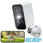 White Ocanvas Security Camera with smartphone display showing a person and dog in a garden, on a white background.