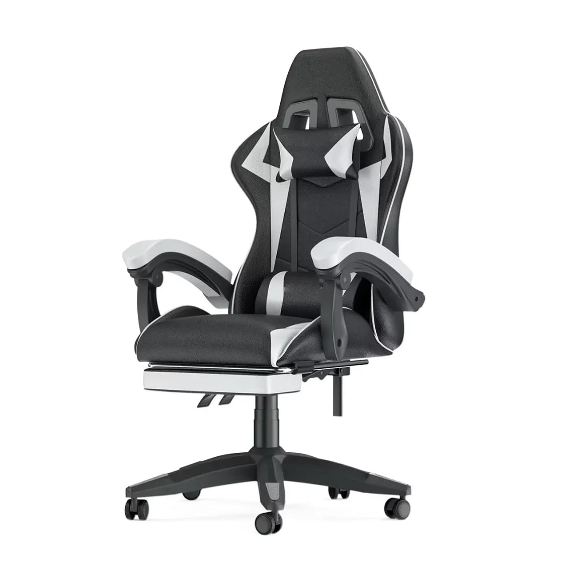 Black and gray Ocanvas Gaming Chair with white accents on a white background
