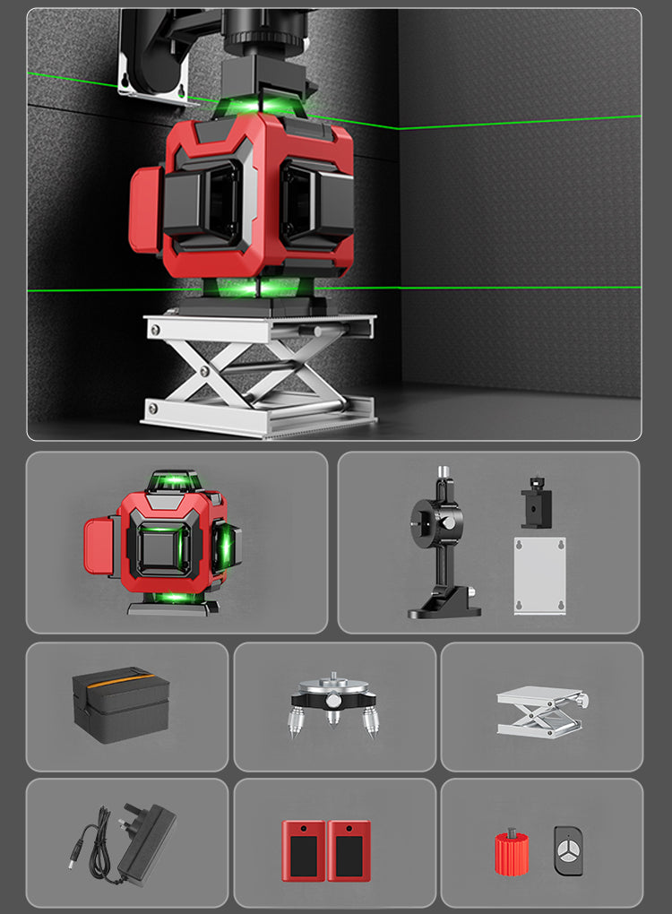 Red and green ocanvas laser with accessories on a gray background