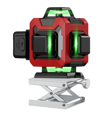 Red and black ocanvas laser with green laser beams on a white background