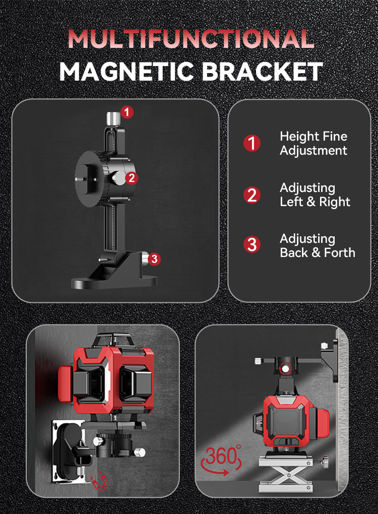 ocanvas laser level Multifunctional magnetic bracket with adjustable features on a black background