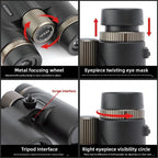 Detailed view of a Valisus Binoculars focusing wheel, eyepiece, tripod interface, and visibility circle with labeled parts.