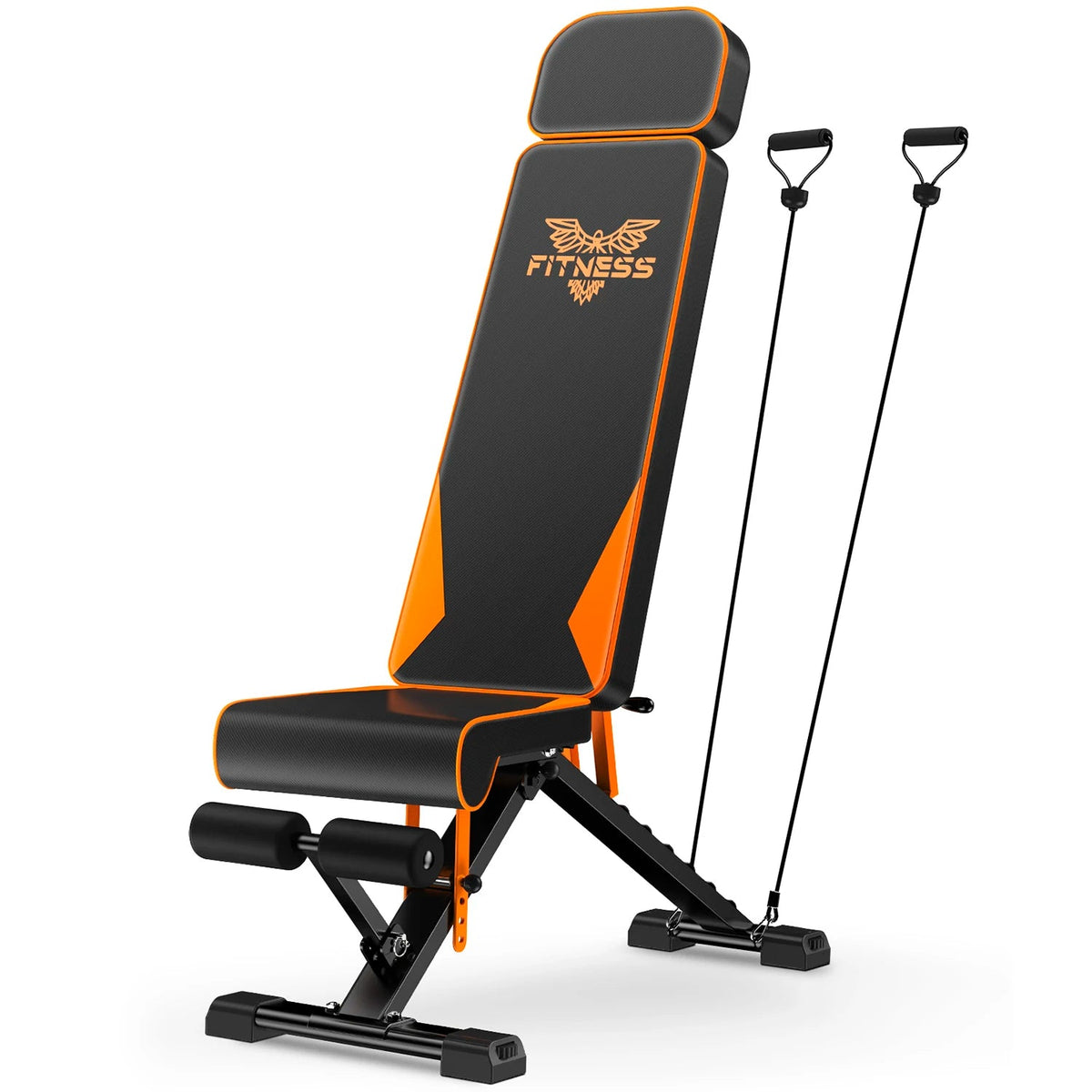 Black and orange adjustable Elarvo Adjustable Weight Bench with resistance bands on a white background
