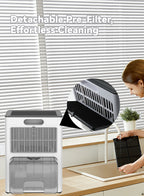 overly Dehumidifier with detachable pre-filter and person cleaning it, against a window background.