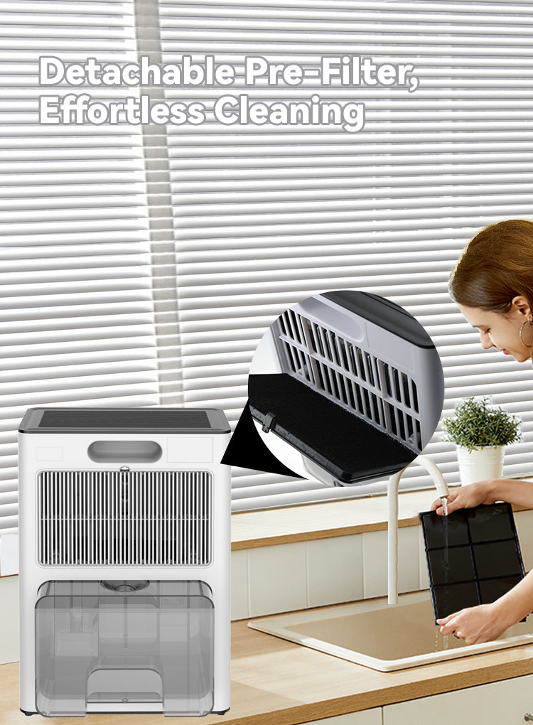 overly Dehumidifier with detachable pre-filter and person cleaning it, against a window background.