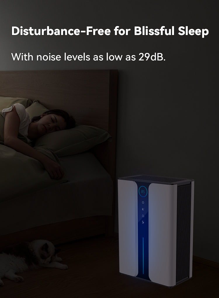 Sleep aid overly Dehumidifier  with text 'Disturbance-Free for Blissful Sleep' and 'noise levels as low as 29dB' in a bedroom setting.