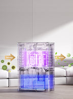 Clear overly Dehumidifier with glowing purple lights on a white background