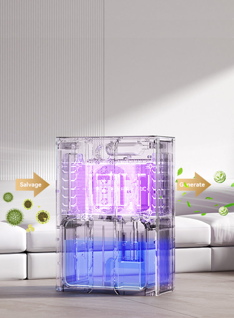 Clear overly Dehumidifier with glowing purple lights on a white background