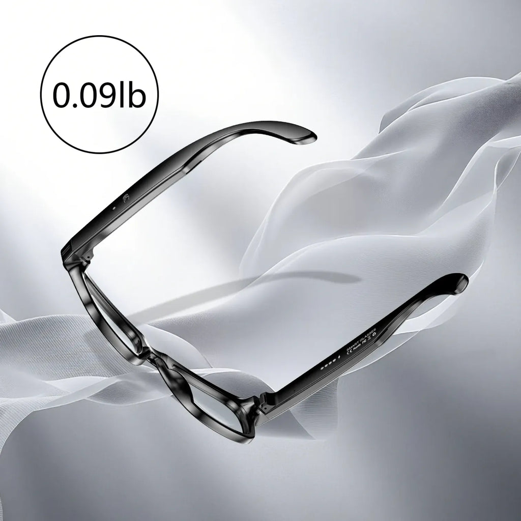 Pair of Smaven AI Smart Glasses on a white fabric background with a weight label indicating 0.09lb.