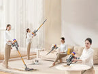 People using Aetheros Cordless Vacuum in a living room setting