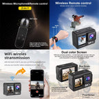 Product advertisement for a wireless microphone and remote control with dual-screen ZinoxCam Action Camera, featuring text and images of the device in use.