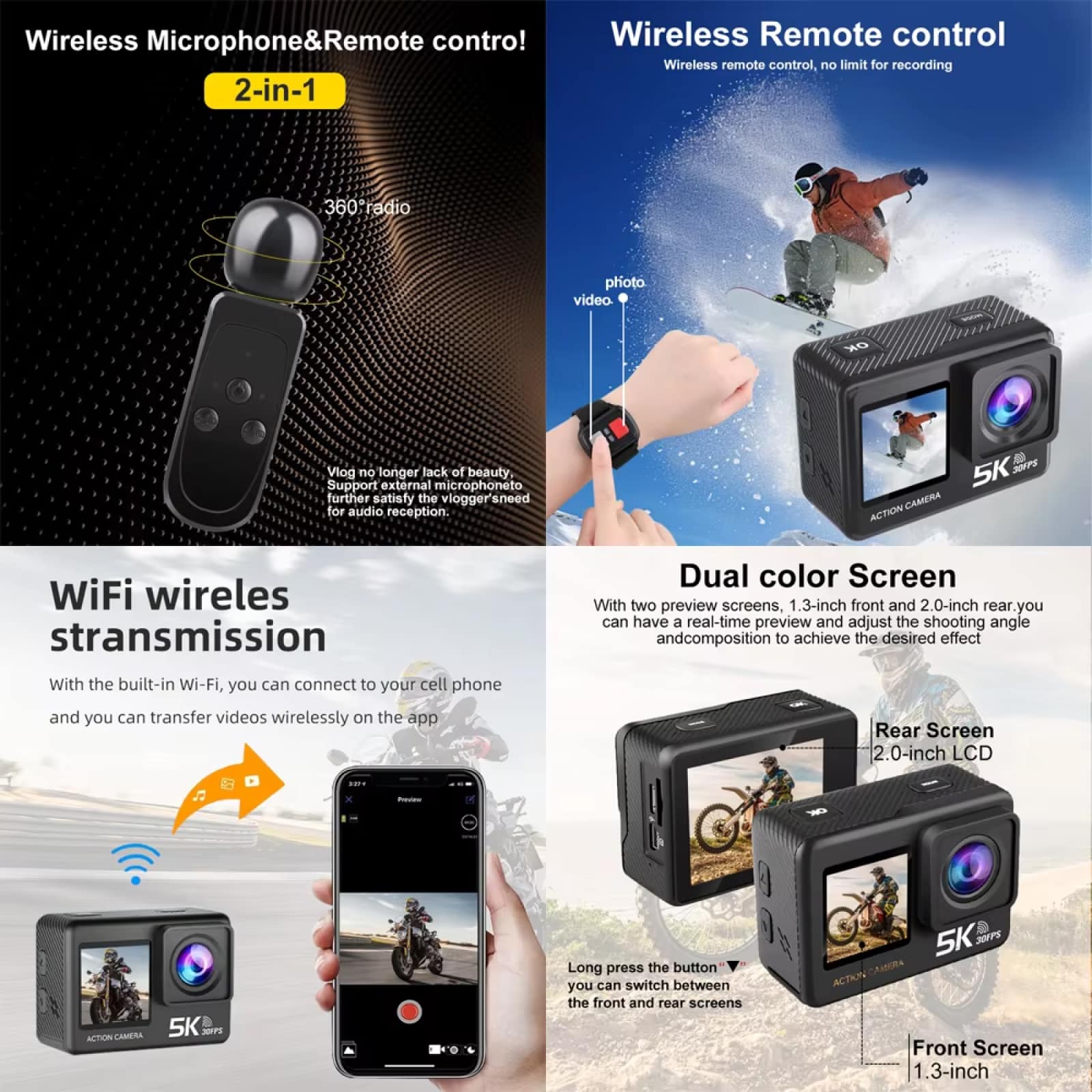 Product advertisement for a wireless microphone and remote control with dual-screen ZinoxCam Action Camera, featuring text and images of the device in use.
