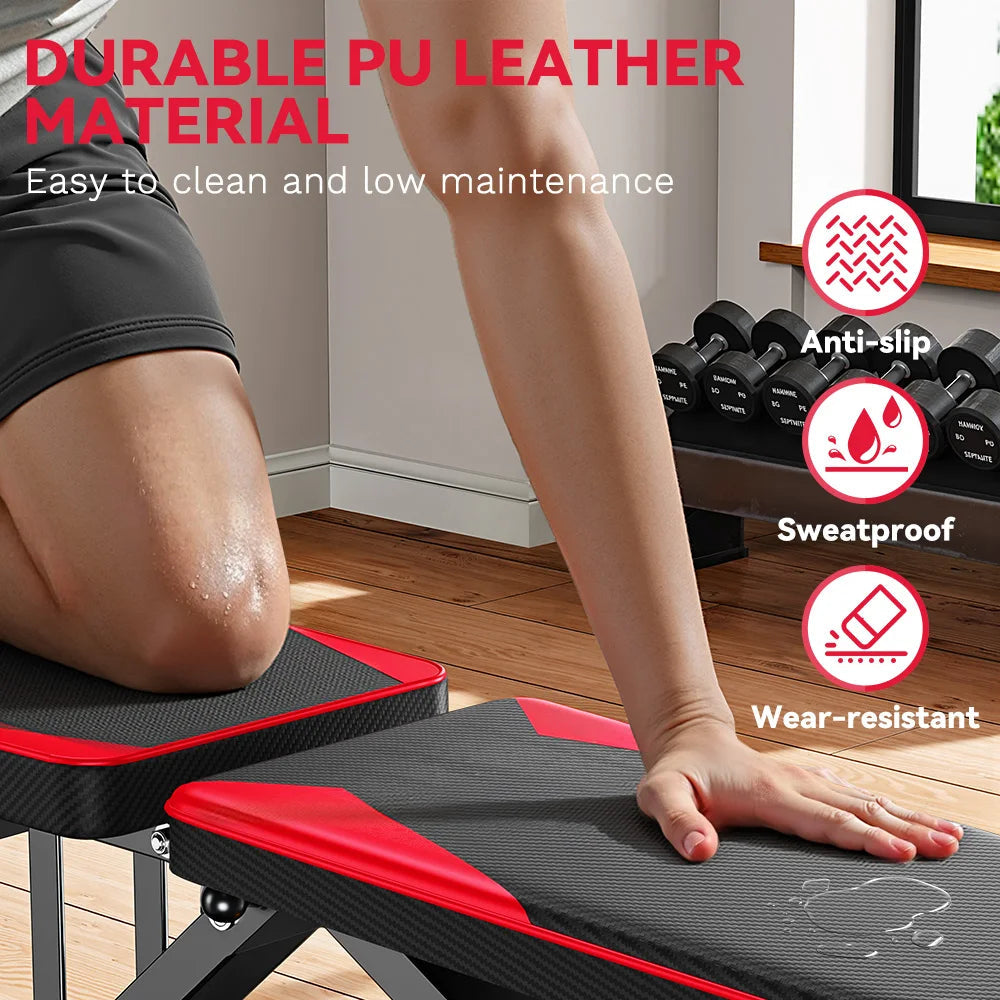 Person using a adjustable workout Elarvo Adjustable Weight Bench with durable PU leather material, shown indoors.