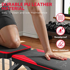 Person using a adjustable workout Plianx Adjustable Weight Bench with durable PU leather material, shown indoors.