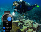 Scuba diver underwater with a Cavinoo GPS Smartwatch displaying dive information