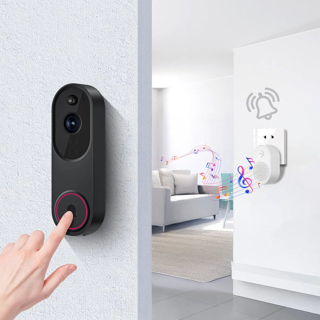 Smart Smaven Doorbell Camera with hand pressing button, interior room in background