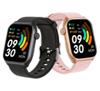 Two Auralink Smartwatch, one black and one rose gold, on a white background.