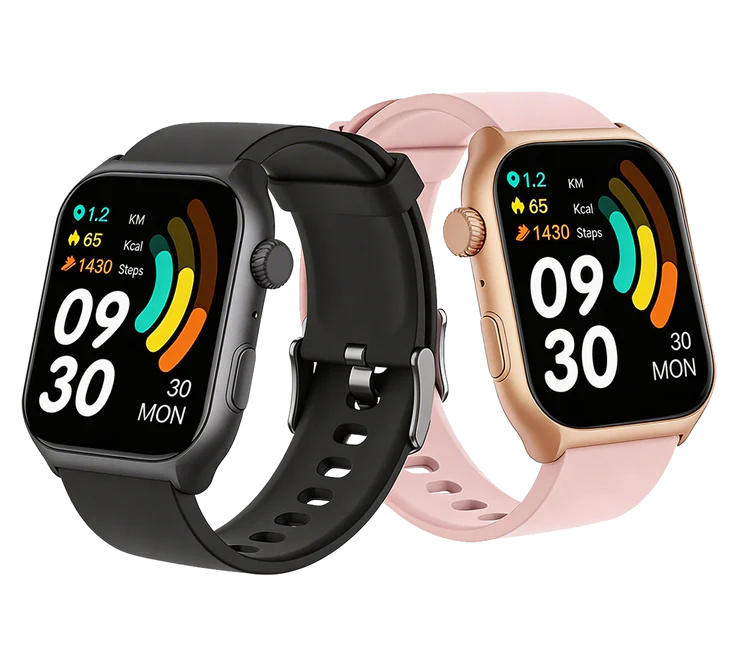 Two Auralink Smartwatch, one black and one rose gold, on a white background.