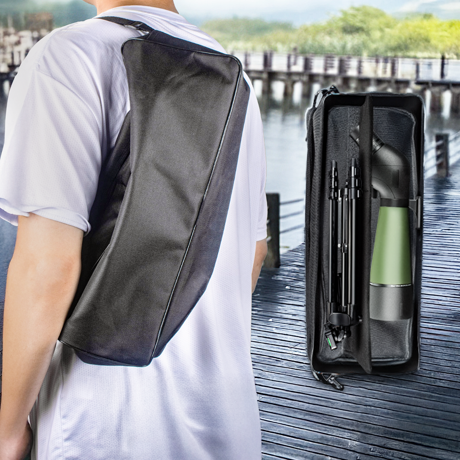 Person wearing a black crossbody bag with a green Valisus Spotting Scope and black umbrella on a dock.